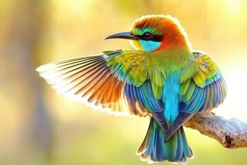 A rainbow bee-eater perched on a branch, its iridescent feathers catching the sunlight in Kakadu National Park