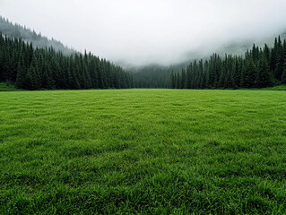 Lush green meadow surrounded by misty mountains