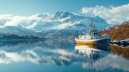 Fishing boat, fjord, mountains, reflection, winter, calm, Norway, sunrise, travel, postcard