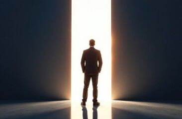 Obraz premium Bright Future in Business Concept. Rear view of a businessman facing large gap obstacle for light door