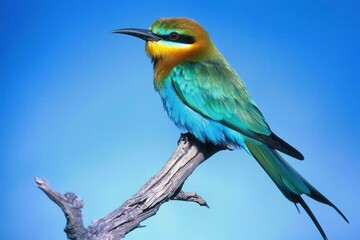 Obraz premium A rainbow bee-eater perched on a branch, its iridescent feathers catching the sunlight in Kakadu National Park
