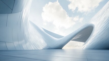Futuristic Architectural Design: Abstract White Structure Under a Cloudy Sky