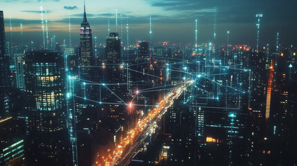 Obraz premium Smart digital Innovation city with connection network reciprocity over the twilight cityscape. of future smart wireless digital city and social media networking systems that connects people with city