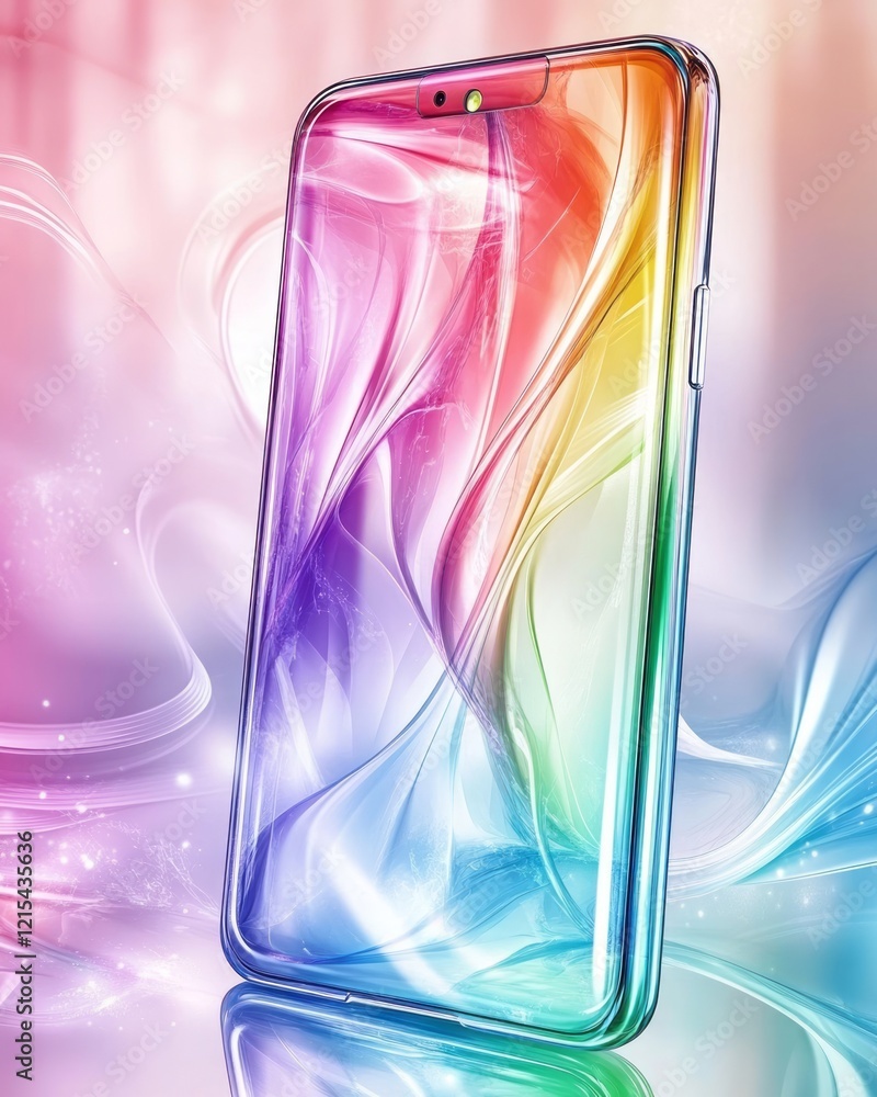 Poster a front view of the smartphone with a transparent glass screen in an abstract environment. the backg