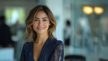 Portret kobiety, atrakcyjna bizneswoman około trzydziestki stoi na korytarzu firmy, redakcji, korporacji. Tło jest rozmyte, dużo przestrzeni w kt&oacute;rej można umieścić napisy, grafika pod baner.