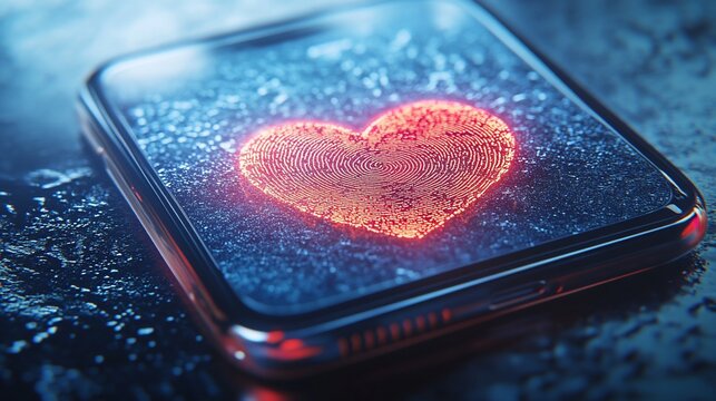 Glowing fingerprint heart on a phone screen symbolizing digital love connection and secure access - Powered by Adobe
