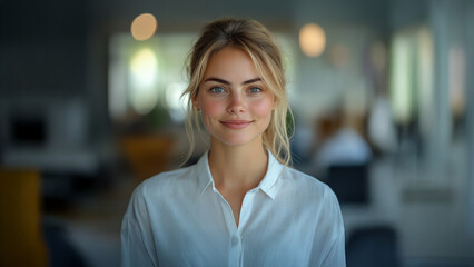 Portret kobiety, atrakcyjna bizneswoman około trzydziestki stoi na korytarzu firmy, redakcji, korporacji. Tło jest rozmyte, dużo przestrzeni w kt&oacute;rej można umieścić napisy, grafika pod baner.