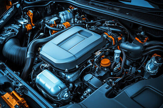Hybrid vehicle engine bay highlighting advanced technology features