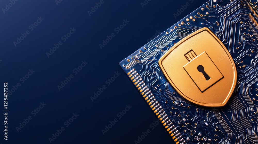 Poster secure digital lock on circuit board, representing cybersecurity solutions