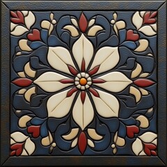 Blue and white tile with a flower design