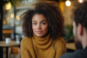 Deep conversation unfolds between two friends in a cozy cafe setting