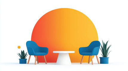 Bright blue chairs and white table with plants against vibrant orange backdrop