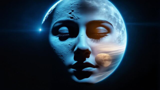 Cute lady face half sleep. Female head profile full moon cycle. Girl dream peace Star space art image Dark night magic tale, bright blue sky. Calm human mind wild spirit Young woman beauty yoga health