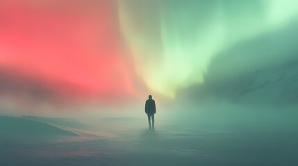 Arctic aurora: a solitary figure stands amidst a breathtaking arctic landscape, bathed in the ethereal glow of the aurora borealis. Arctic Glow. Illustration
