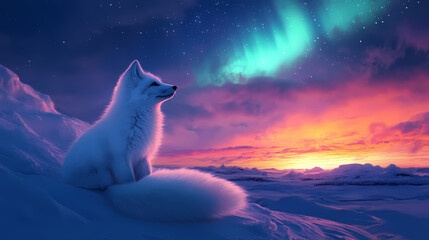 Arctic fox sitting under the aurora borealis at an arctic sunset. gorgeous backdrop of nature. Arctic Glow. Illustration