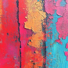 The image is a colorful painting of a wall with various shades of red, orange