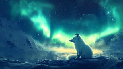 Arctic fox sitting under the aurora borealis at an arctic sunset. gorgeous backdrop of nature. Arctic Glow. Illustration