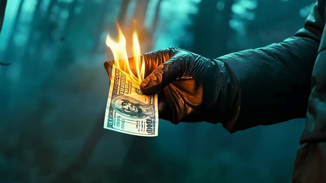 person burning dollar bill dimly lit forest night.Gloved hand ignites currency dark trees.Mysterious figure setting fire money outdoors.Surreal and clandestine act captured moonlight.Atmosphere