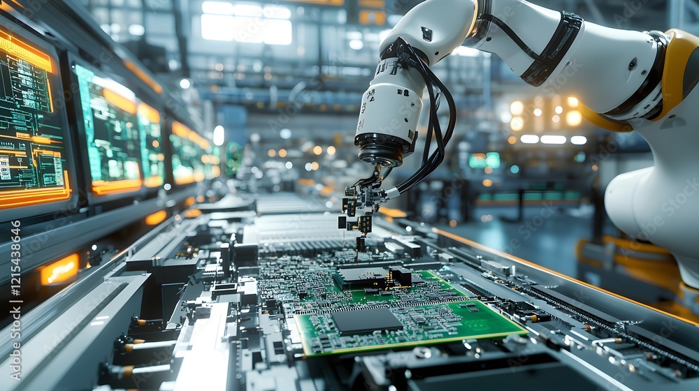 Poster robotic arm assembling circuit board in factory