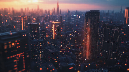 Obraz premium Smart digital Innovation city with connection network reciprocity over the twilight cityscape. of future smart wireless digital city and social media networking systems that connects people with city