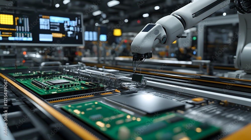 Poster robotic arm assembling circuit boards in factory