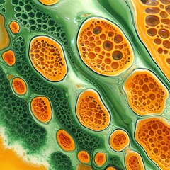 Green and orange blob with many small circles