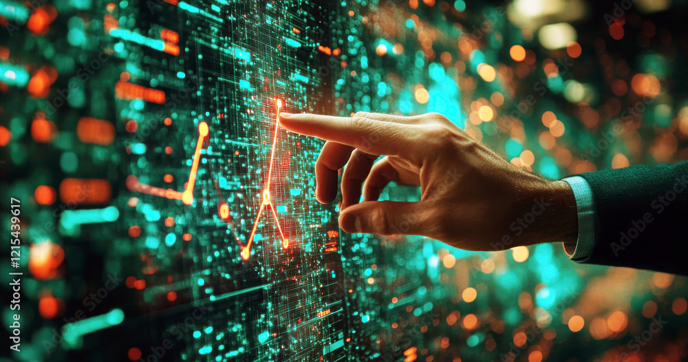 Poster a businessman in formal attire is touching an upward-growing line graph on a digital display. this i