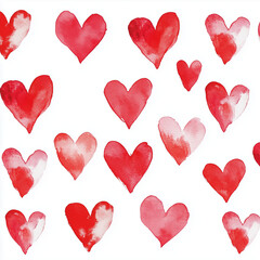watercolor red hearts pattern on white background