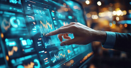 A businessman focuses on a digital display, tracing an upward-growing line graph