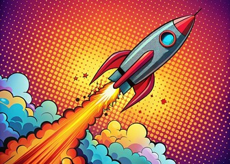 Retro Pop Art Rocket Launch: Side View, Space Travel, Vintage Futurism, 1960s Style