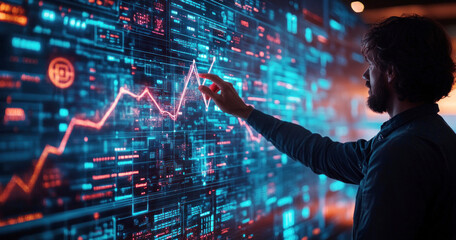 Businessman is engaged in analyzing an upward-trending line graph in a high-tech office environment. Dynamic digital elements enhance the visual representation of growth