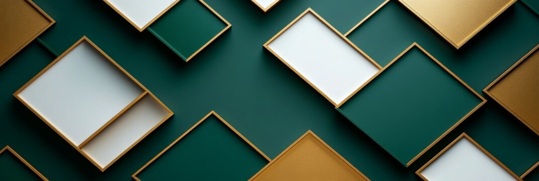 An abstract background featuring layered geometric shapes in white, green, and gold tones