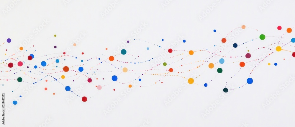 Poster brightly colored dots in various sizes are interconnected by gently curved lines, forming an abstrac