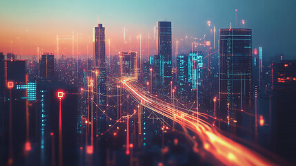 Fototapeta premium Smart digital Innovation city with connection network reciprocity over the twilight cityscape. of future smart wireless digital city and social media networking systems that connects people with city