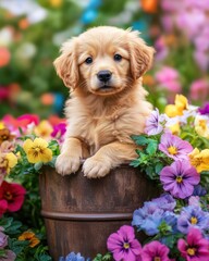 Golden Retriever puppy in flower pot, garden background, spring