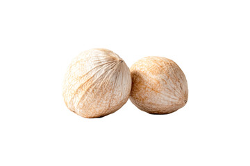 Two Dried Coconuts Close Up View,