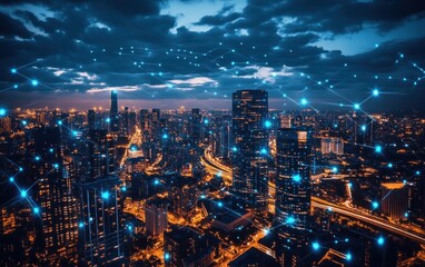 Obraz premium City skyline viewed at dusk showcases a high-voltage grid highlighted by blue dots. The lights reflect urban energy and connectivity as dusk approaches