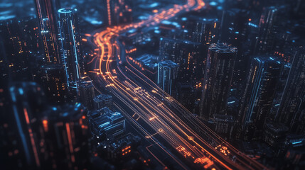 Obraz premium Smart digital Innovation city with connection network reciprocity over the twilight cityscape. of future smart wireless digital city and social media networking systems that connects people with city