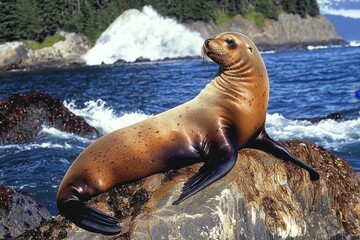 Fototapeta premium A sea lion lounging on sun-drenched rocks along a rugged coastline, with crashing waves in the background.