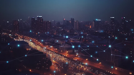 Obraz premium Smart digital Innovation city with connection network reciprocity over the twilight cityscape. of future smart wireless digital city and social media networking systems that connects people with city