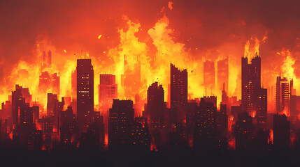 Dramatic urban skyline with a fiery, apocalyptic horizon. high rise buildings silhouetted against a blazing background. Blazing Horizon. Illustration