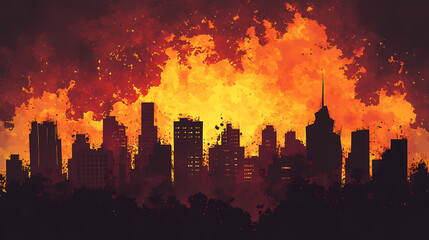 Dramatic urban skyline with a fiery, apocalyptic horizon. high rise buildings silhouetted against a blazing background. Blazing Horizon. Illustration