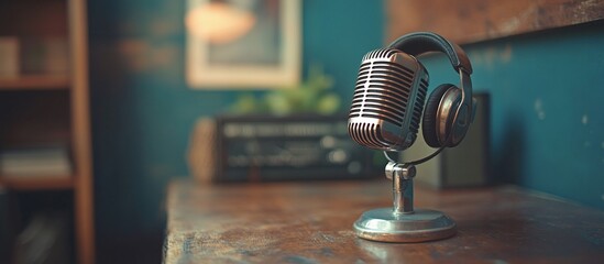 Retro Microphone and Headphones on Wooden Desk, Teal Background