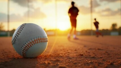 Softball on dirt field with sunset in baseball training players game match background