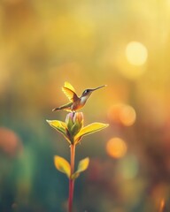 Naklejka premium Hummingbird perched, sunset garden, bokeh background, nature poster