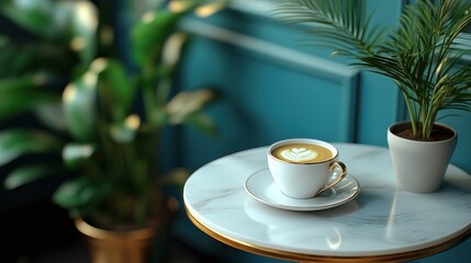Latte art coffee shop table plants interior