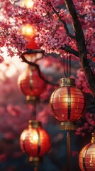 Illuminated lanterns hanging on blossoming cherry tree branches at sunset, Asian festival background