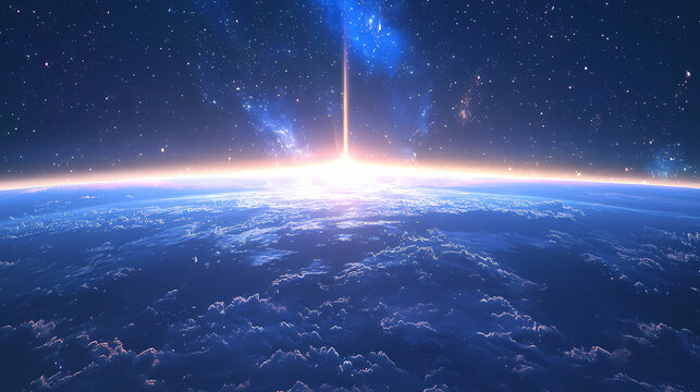 Stunning cosmic event with a bright comet blazing across the horizon above the earth's atmosphere. Blazing Horizon. Illustration