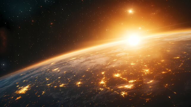 Stunning cosmic event with a bright comet blazing across the horizon above the earth's atmosphere. Blazing Horizon. Illustration