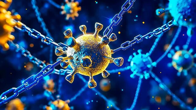 Digital image depicting virus structures interconnected luminescent blue links,symbolizing transmission and connectivity.Vivid colors highlight particles deep background.conceptual representation